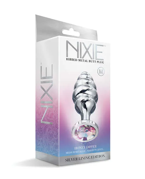 Global Novelties Nixie Honey Dipper Medium Ribbed Stainless Steel Plug Silver Lining Edition by Global Novelties Anal