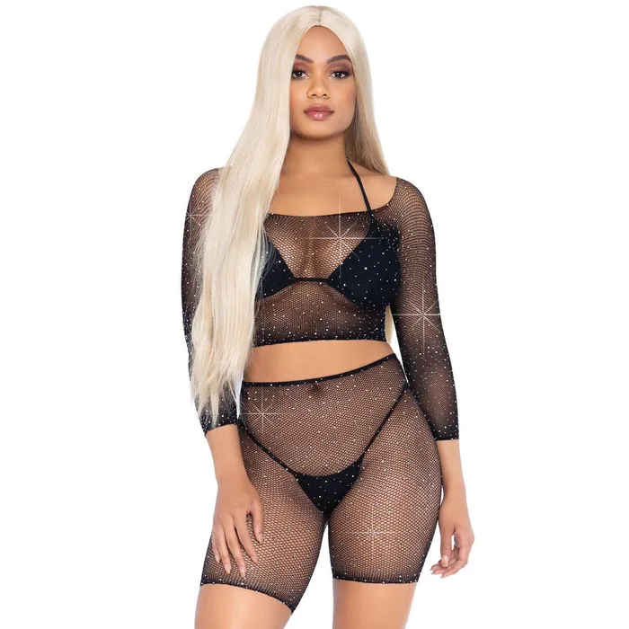 2 Pc Rhinestone Fishnet Crop Top and Biker Shorts Black One Size Leg Avenue Anal